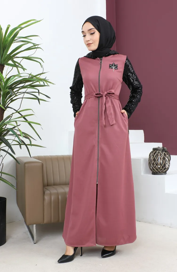Abaya Détail Paillettes Dusty Rose 15200 13612