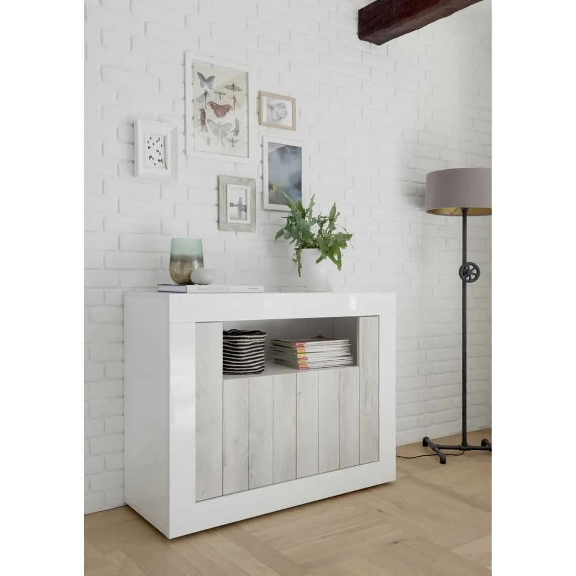 Buffet 2 portes battantes URBINO blanc laqué et décor chene | 3 Suisses