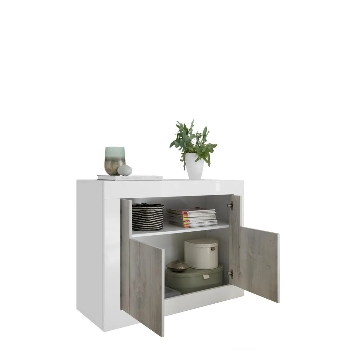 Buffet 2 portes battantes URBINO blanc laqué et décor chene | 3 Suisses