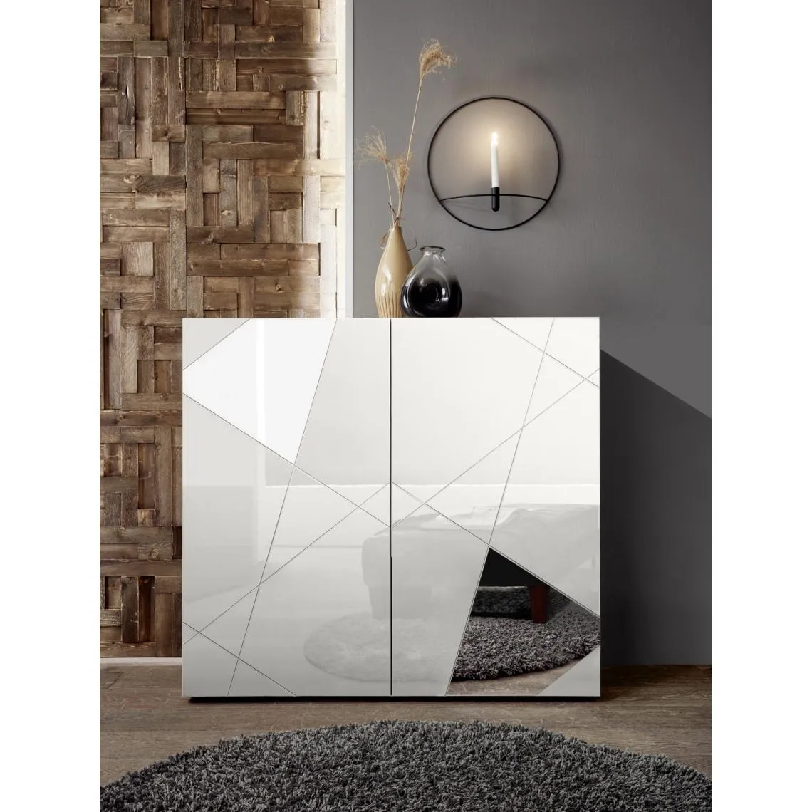Buffet haut 2 portes VITTORIA blanc laqué avec sérigraphie  | 3 Suisses