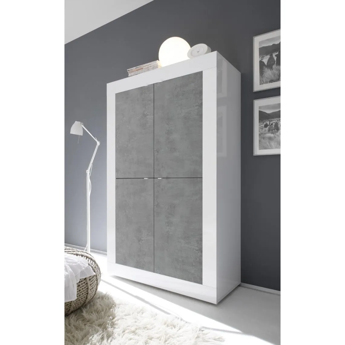 Buffet haut 4 portes en bois BASIC blanc et décor beton | 3 Suisses