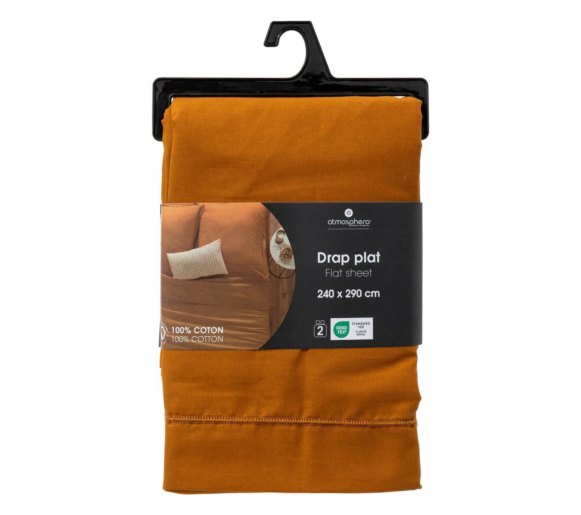 Drap Plat 2 Personnes En Coton Jaune Cumin 240 X 290 Cm