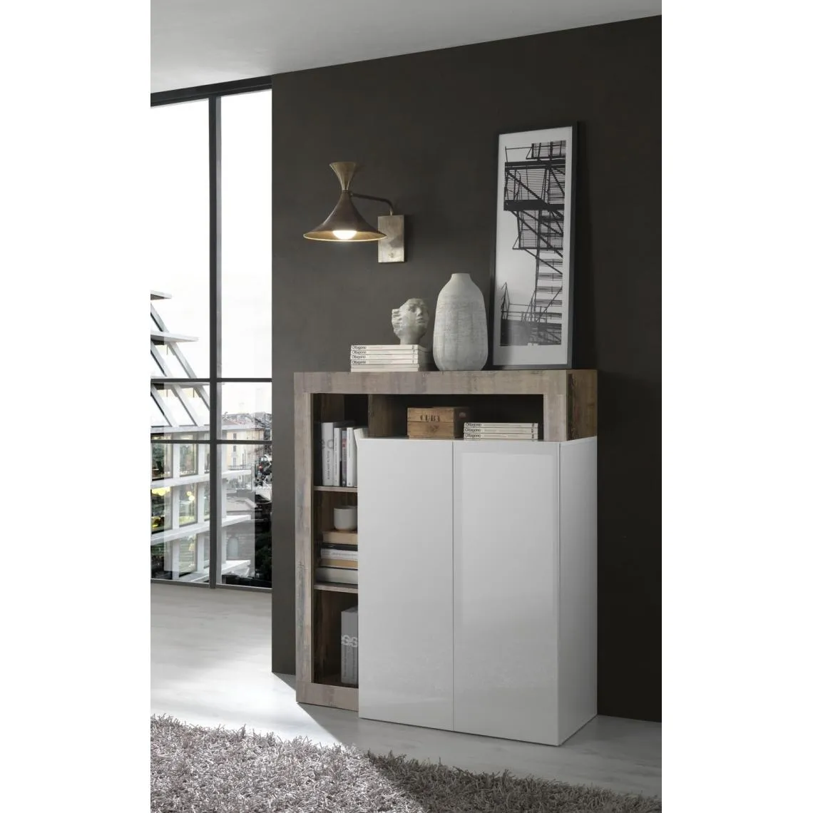 Meuble bar 2 portes HAMBURG décor chene et laqué blanc | 3 Suisses