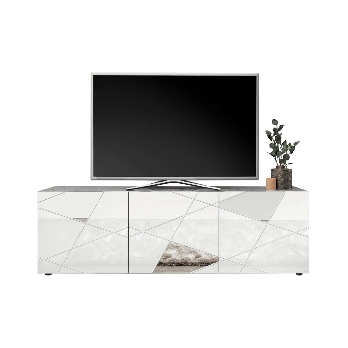 Meuble TV 3 portes VITTORIA blanc laqué avec sérigraphie  | 3 Suisses