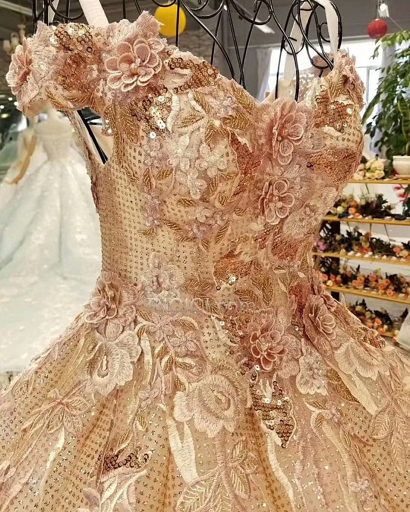Or Rose Robe De Bal Longue Epaule Dénudée Dentelle Scintillante Sequin Luxe Boule Glitter Sans Manches Robe Fiancaille