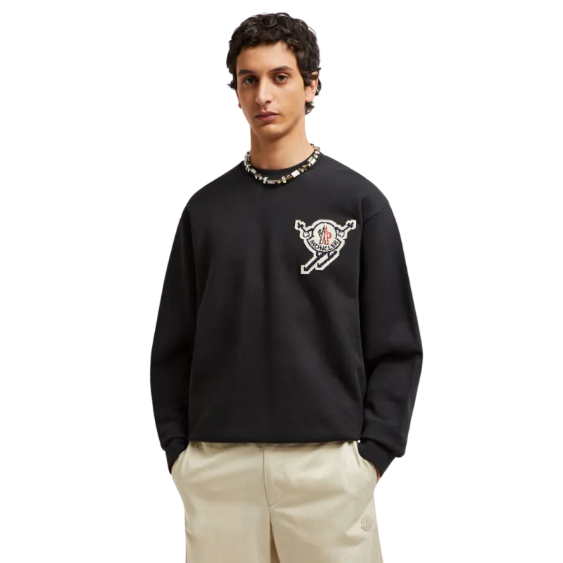 Sweat-shirt col rond coton noir logo skieur