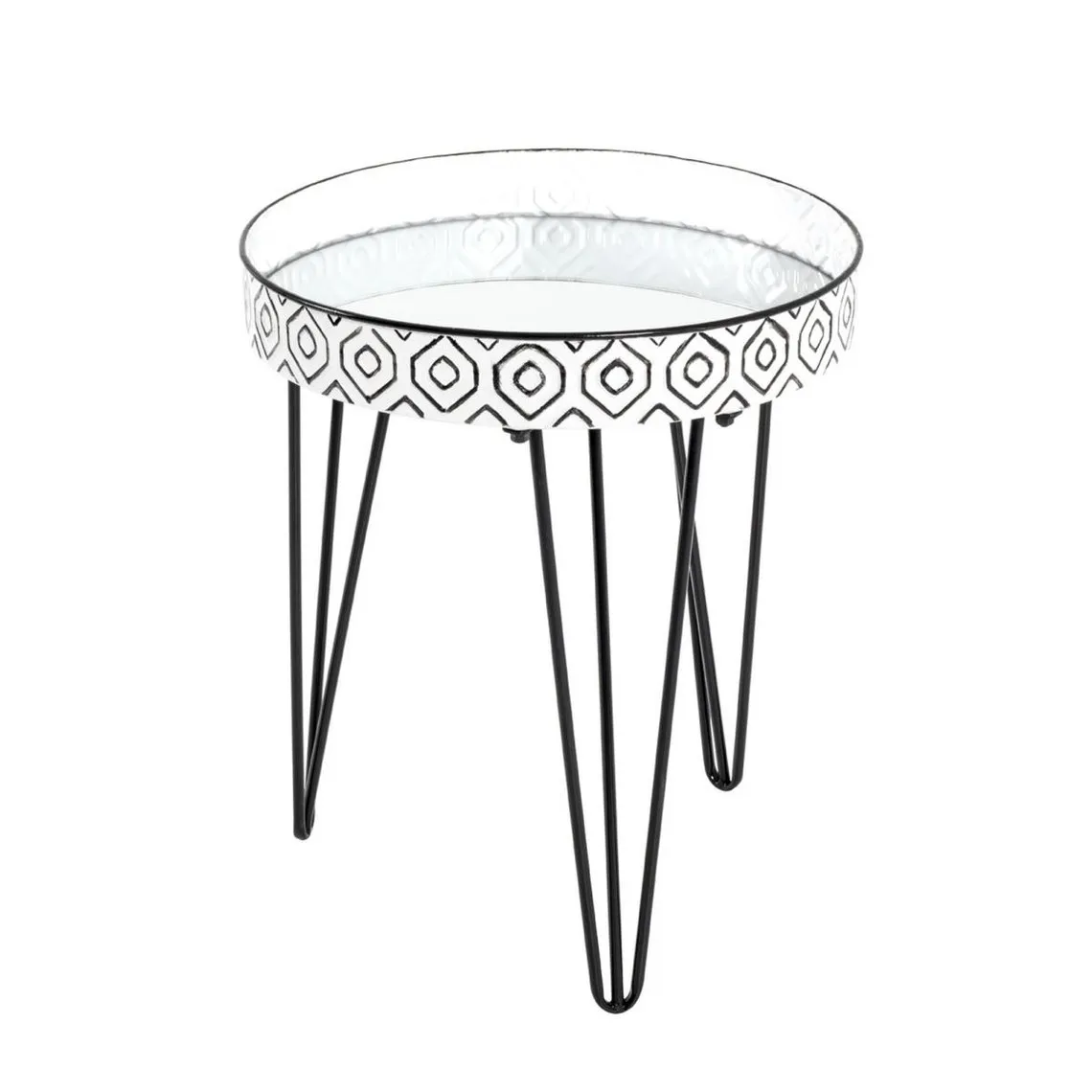 Table d'appoint avec structure en tube d'acier Noir et plateau en Métal laqué blanc-noir et verre miroir  | 3 Suis
