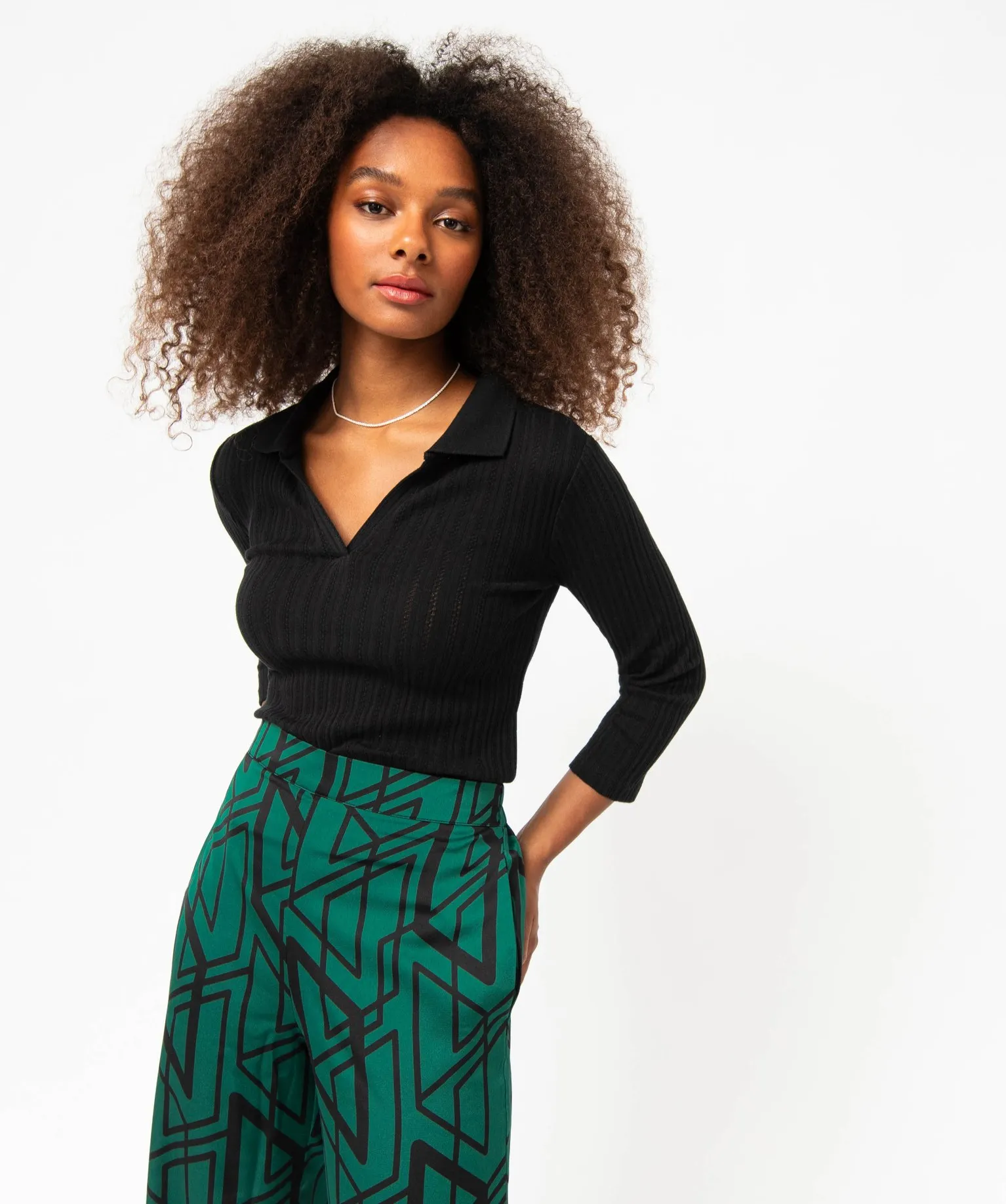 Tee-shirt à manches longues avec col polo femme noir