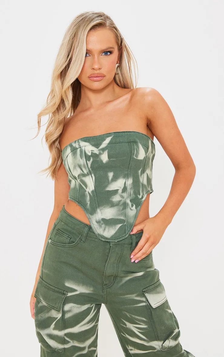 Top corset en jean vert imprimé tie & dye détail coutures